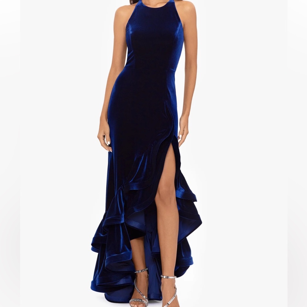 Betsy Adam Womens Velvet Long Formal Evening Gown Navy Blue Tier Ruffles Size 14